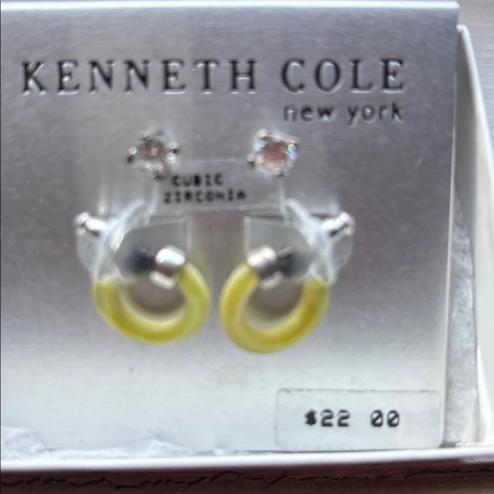 2prs Kenneth Cole Silver Cubic Zirconia Studs & Yellow Hoop Huggies gift box NWT